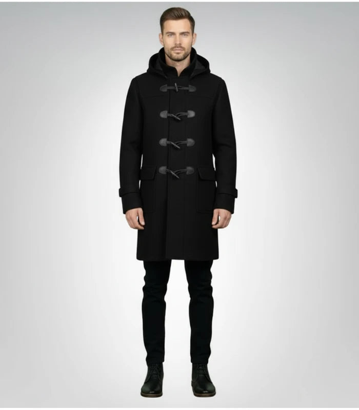 Drake Black Wool Hooded Duffle Coat