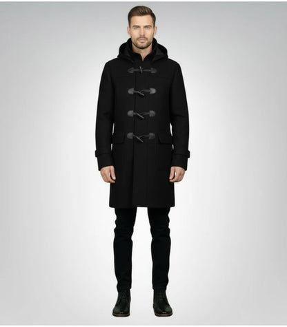 Drake Black Wool Hooded Duffle Coat