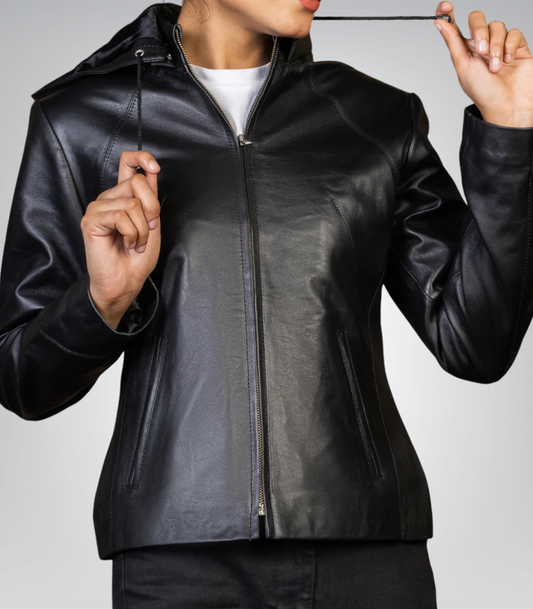 Jenny women’s red real leather jacket with detachable hood – stylish versatile design