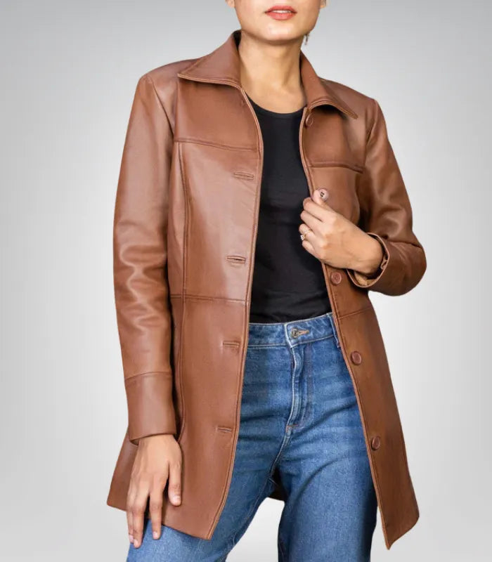 Women’s 3/4 Length Genuine Leather Car Coat – Classic &amp; Elegant Design