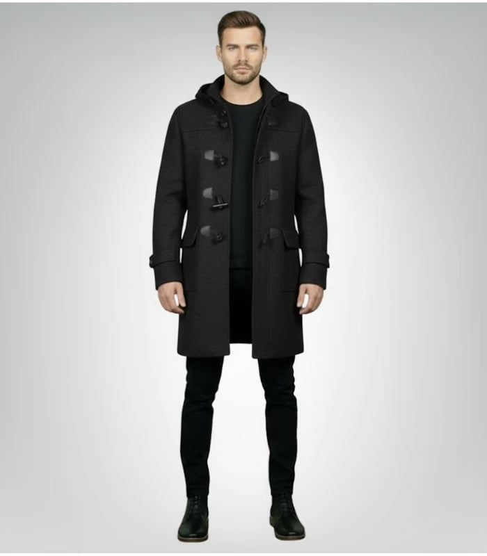 Drake Black Wool Hooded Duffle Coat