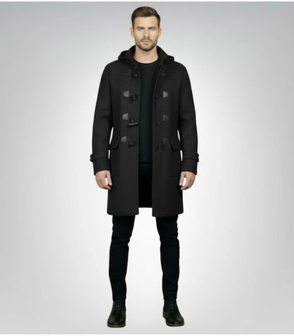 Drake Black Wool Hooded Duffle Coat