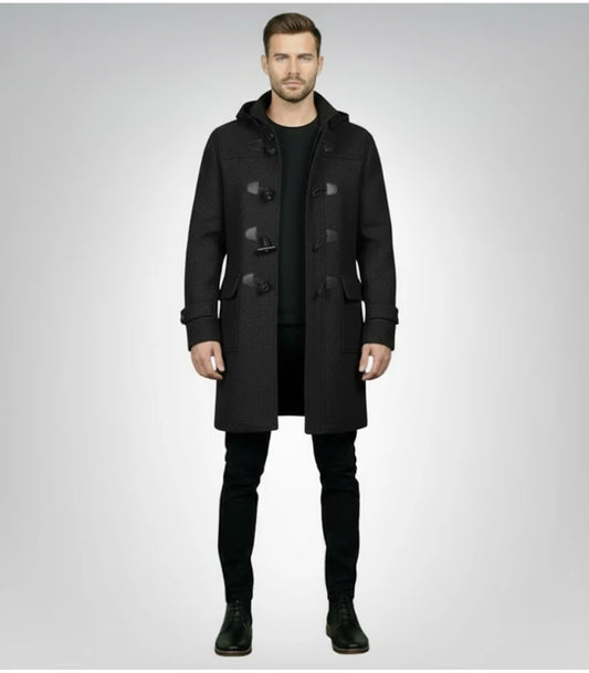 Drake Black Wool Hooded Duffle Coat