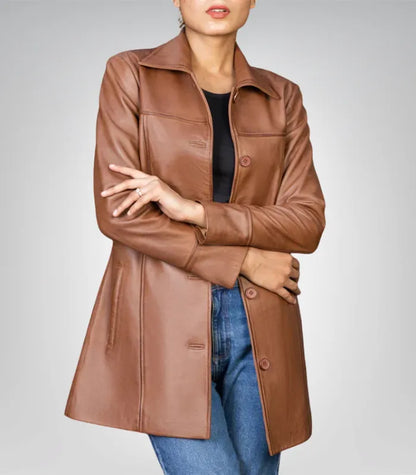 Women’s 3/4 Length Genuine Leather Car Coat – Classic &amp; Elegant Design