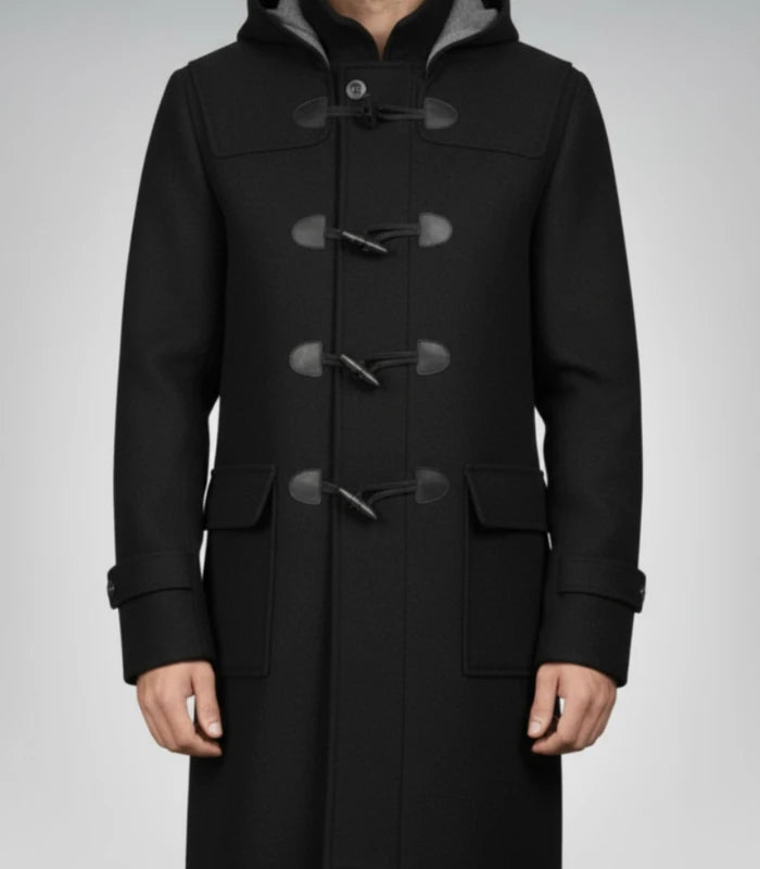 Drake Black Wool Hooded Duffle Coat