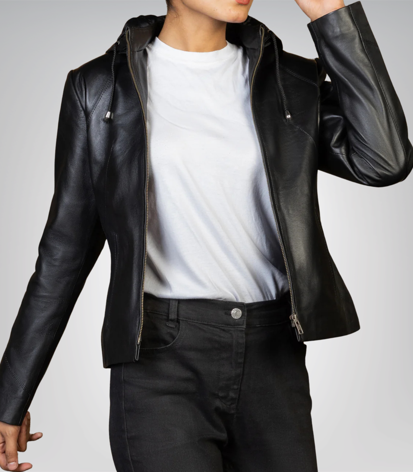 Women’s genuine black leather jacket – detachable hood, Jenny versatile style
