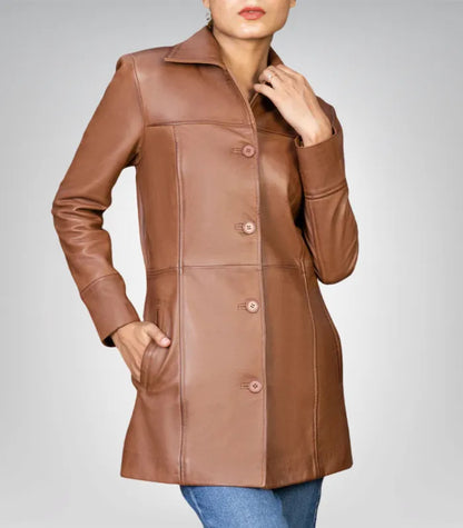 Women’s 3/4 Length Genuine Leather Car Coat – Classic &amp; Elegant Design
