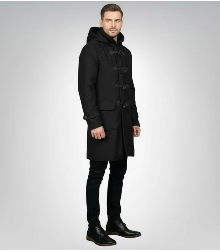 Drake Black Wool Hooded Duffle Coat