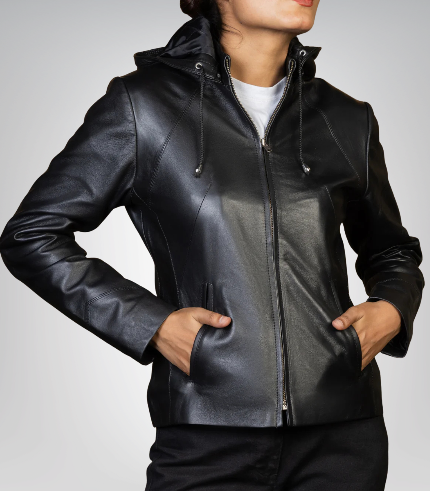 Versatile women’s black leather jacket – hooded Jenny design for casual or formal wear