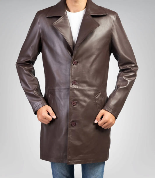 Men’s classic brown real leather trench coat – timeless long overcoat design