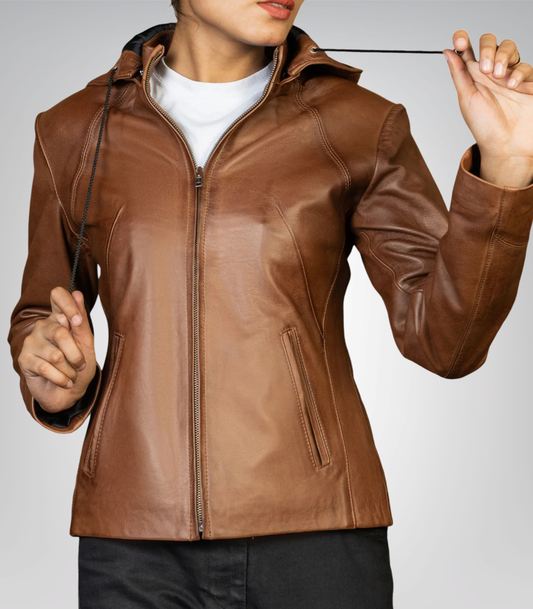 Jenny women’s brown real leather jacket with detachable hood – stylish versatile design