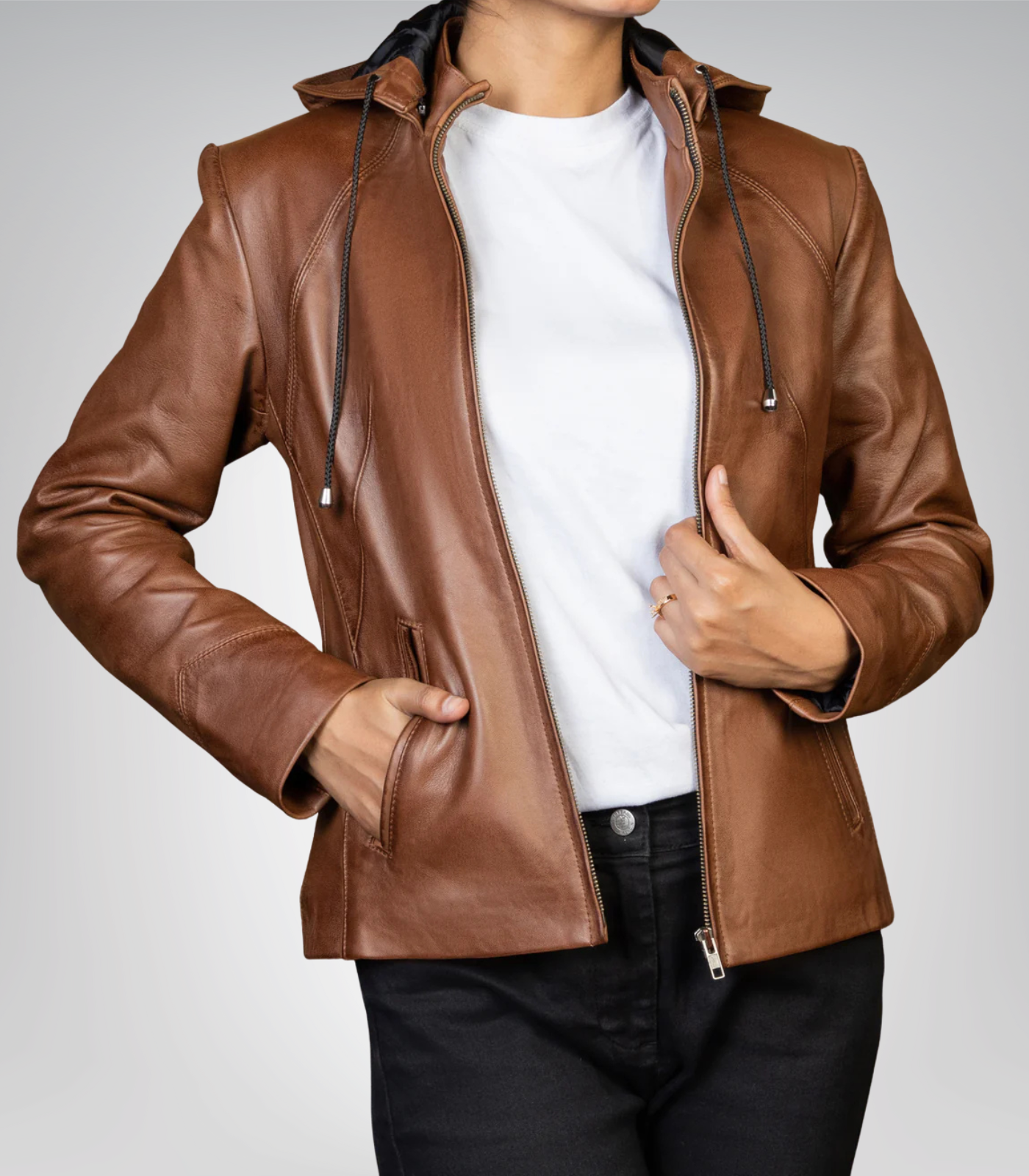 Stylish Women’s Brown Leather Jacket by Jenny – Removable Hood Design