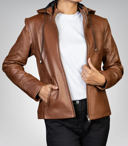 Stylish Women’s Brown Leather Jacket by Jenny – Removable Hood Design