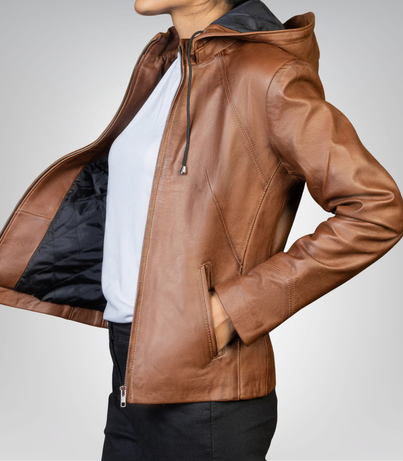 Versatile Women’s Brown Leather Jacket – Jenny Detachable Hood Design