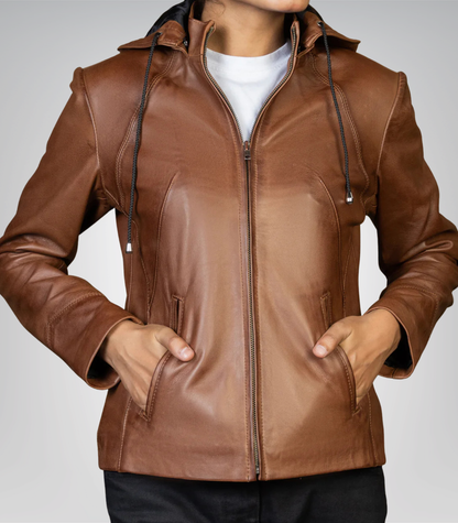 Jenny Women’s Detachable Hood Leather Jacket – Brown Genuine Leather Outerwear