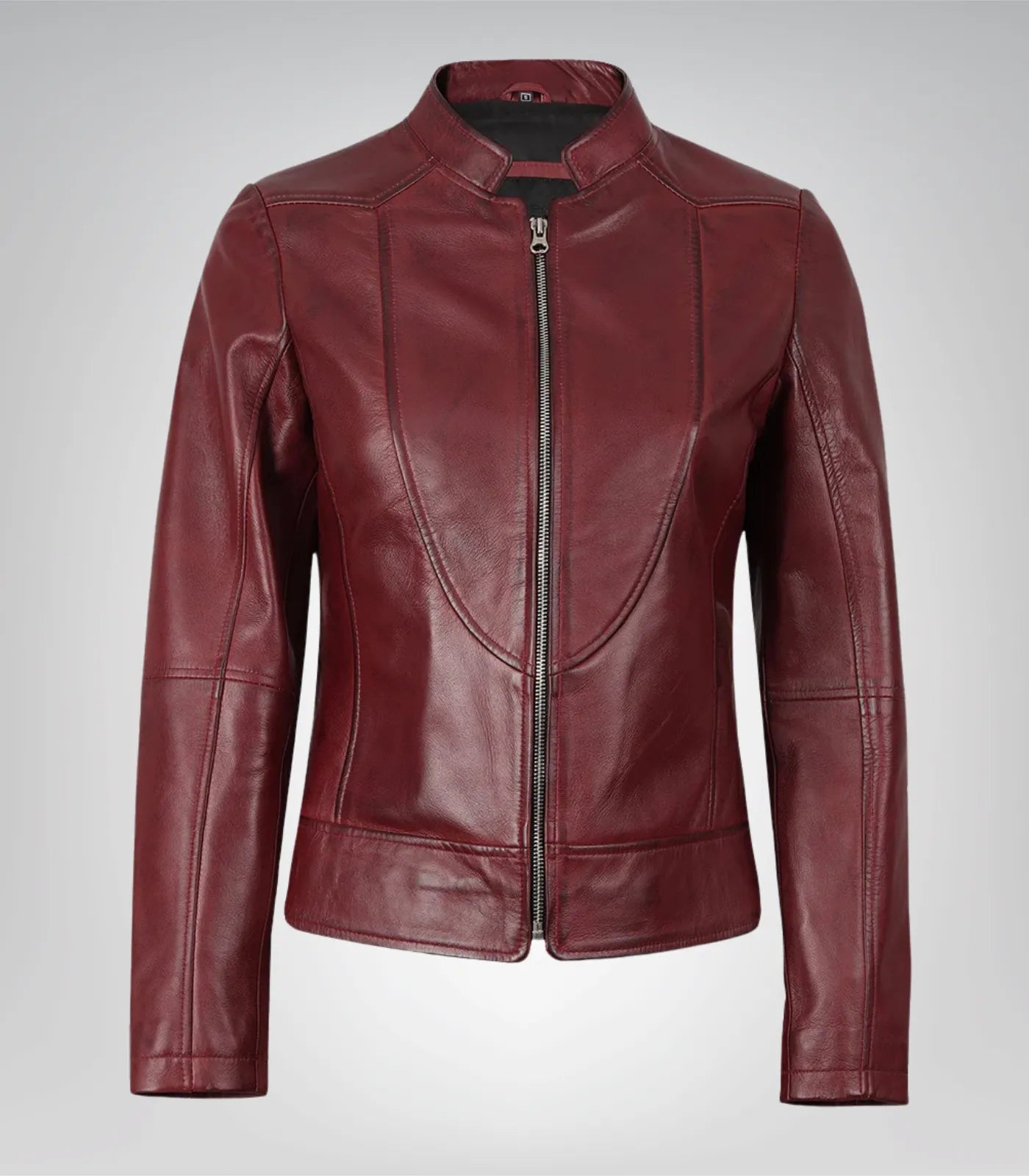 Women’s slim fit burgundy leather jacket – real lambskin moto style