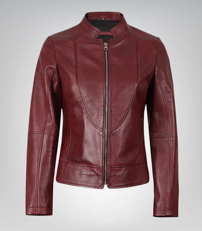 Women’s slim fit burgundy leather jacket – real lambskin moto style