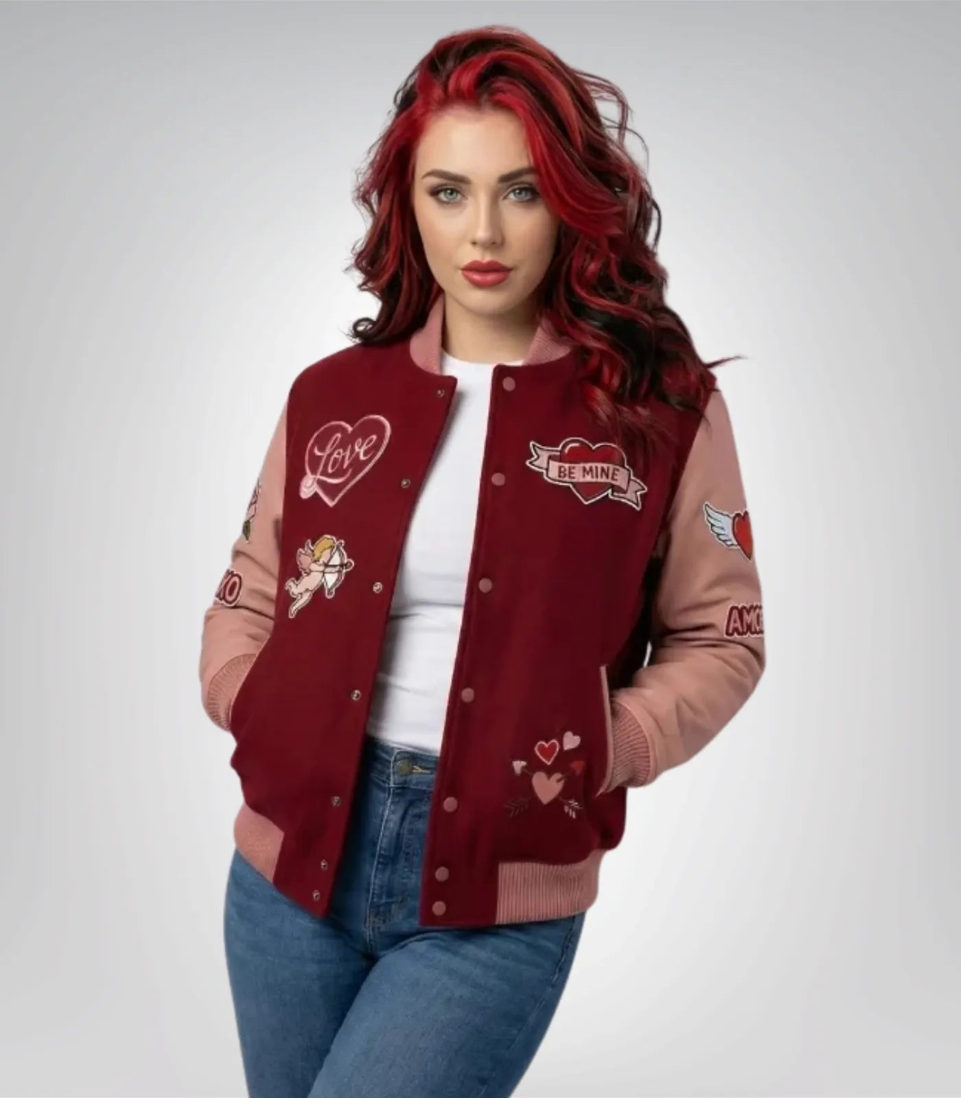 Women’s Valentine Varsity Jacket – Love Patch Embroidered