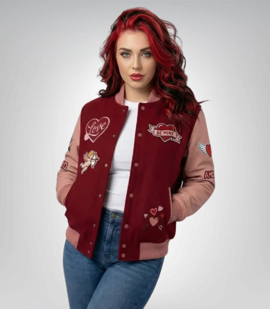 Women’s Valentine Varsity Jacket – Love Patch Embroidered