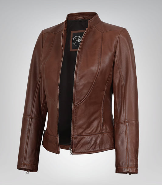 Women’s cognac-toned genuine leather biker jacket