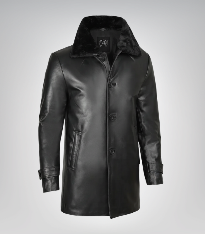Men’s Classic Black Leather Long Coat – 3/4 Length with Shearling Style Collar
