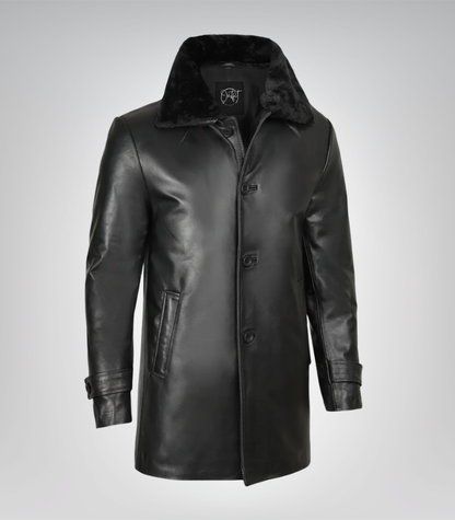 Men’s Classic Black Leather Long Coat – 3/4 Length with Shearling Style Collar