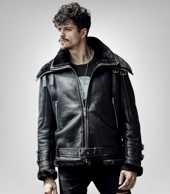 Classic B3 bomber jacket for men – black shearling aviator coat