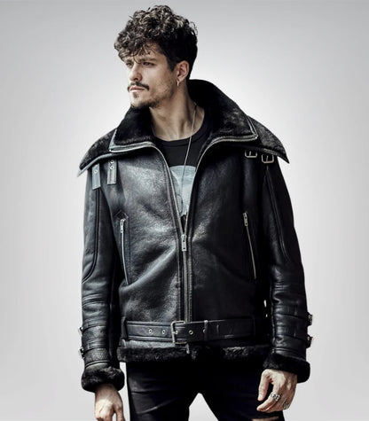 Classic B3 bomber jacket for men – black shearling aviator coat