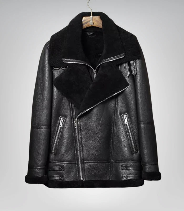 Mens Black Sheepskin Shearling B3 Bomber Leather Jacke