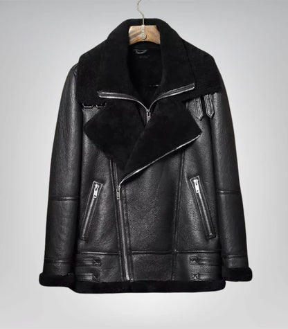 Mens Black Sheepskin Shearling B3 Bomber Leather Jacke