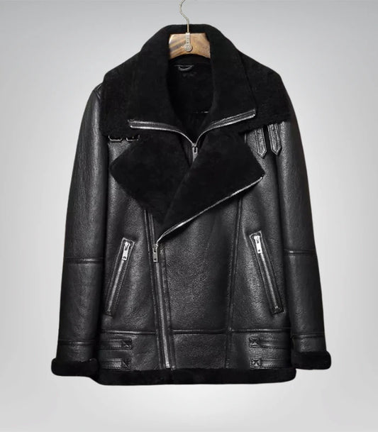 Mens Black Sheepskin Shearling B3 Bomber Leather Jacke