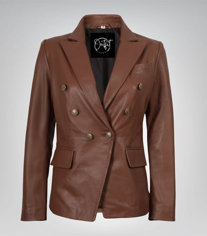 Cognac genuine lambskin leather blazer for women