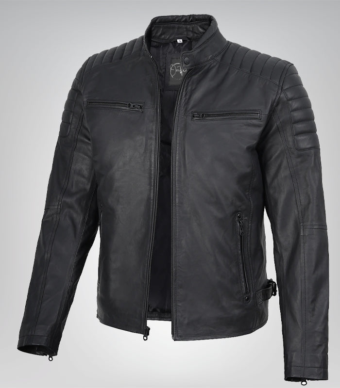 Men’s Matte Black Leather Moto Jacket Slim Fit Biker Style