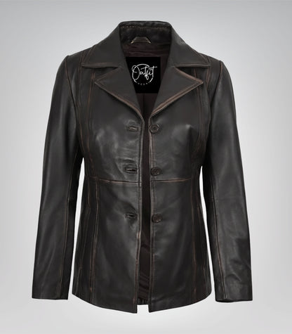 Distressed brown genuine lambskin leather blazer for women
