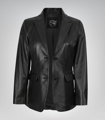 Black genuine lambskin leather blazer for women