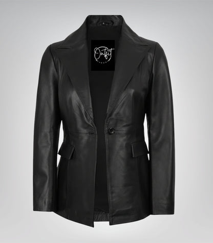 Black genuine lambskin leather blazer for women
