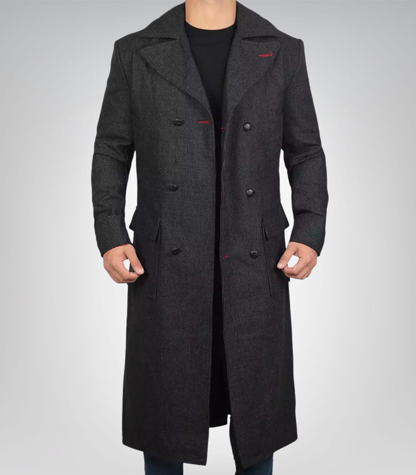 Men’s Double-Breasted Gray Wool Detective Coat with Wide Lapel