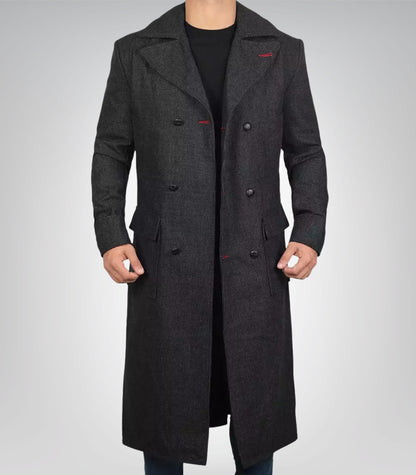 Men’s Double-Breasted Gray Wool Detective Coat with Wide Lapel