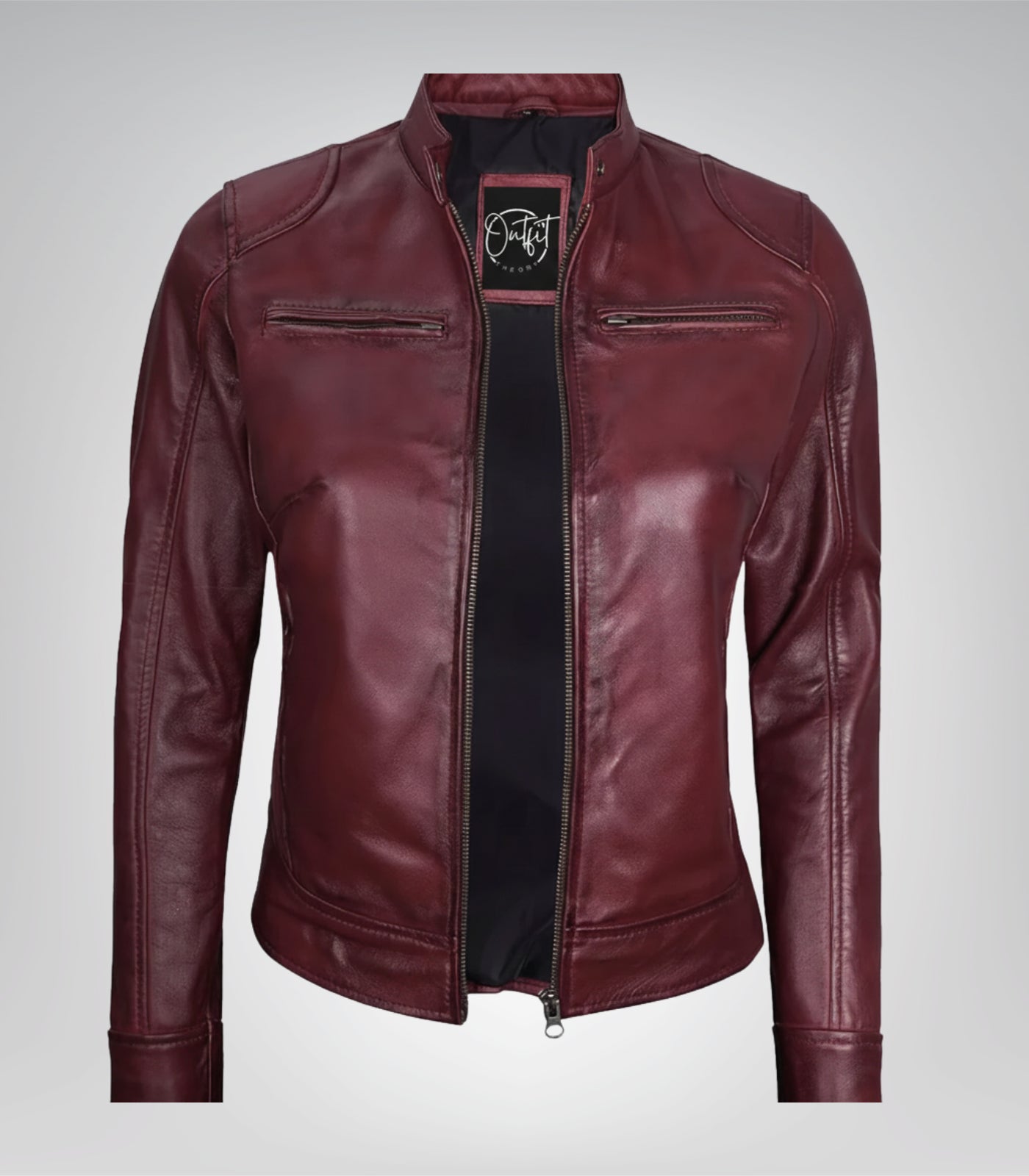 Burgundy real leather motorcycle jacket for women