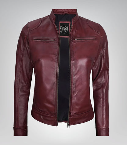 Burgundy real leather motorcycle jacket for women