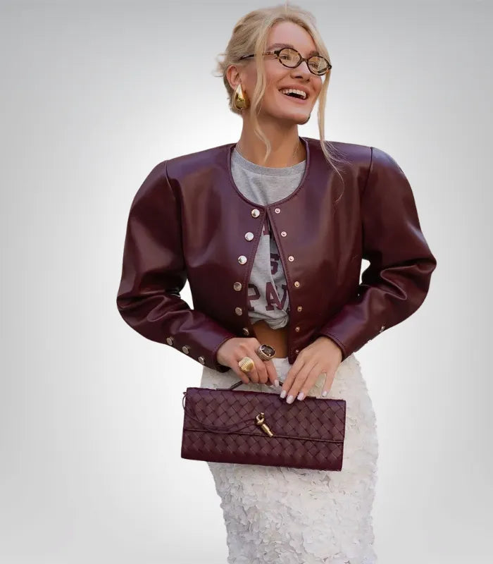 Women’s Burgundy Cropped Leather Jacket – Trendy Short Bolero Blazer