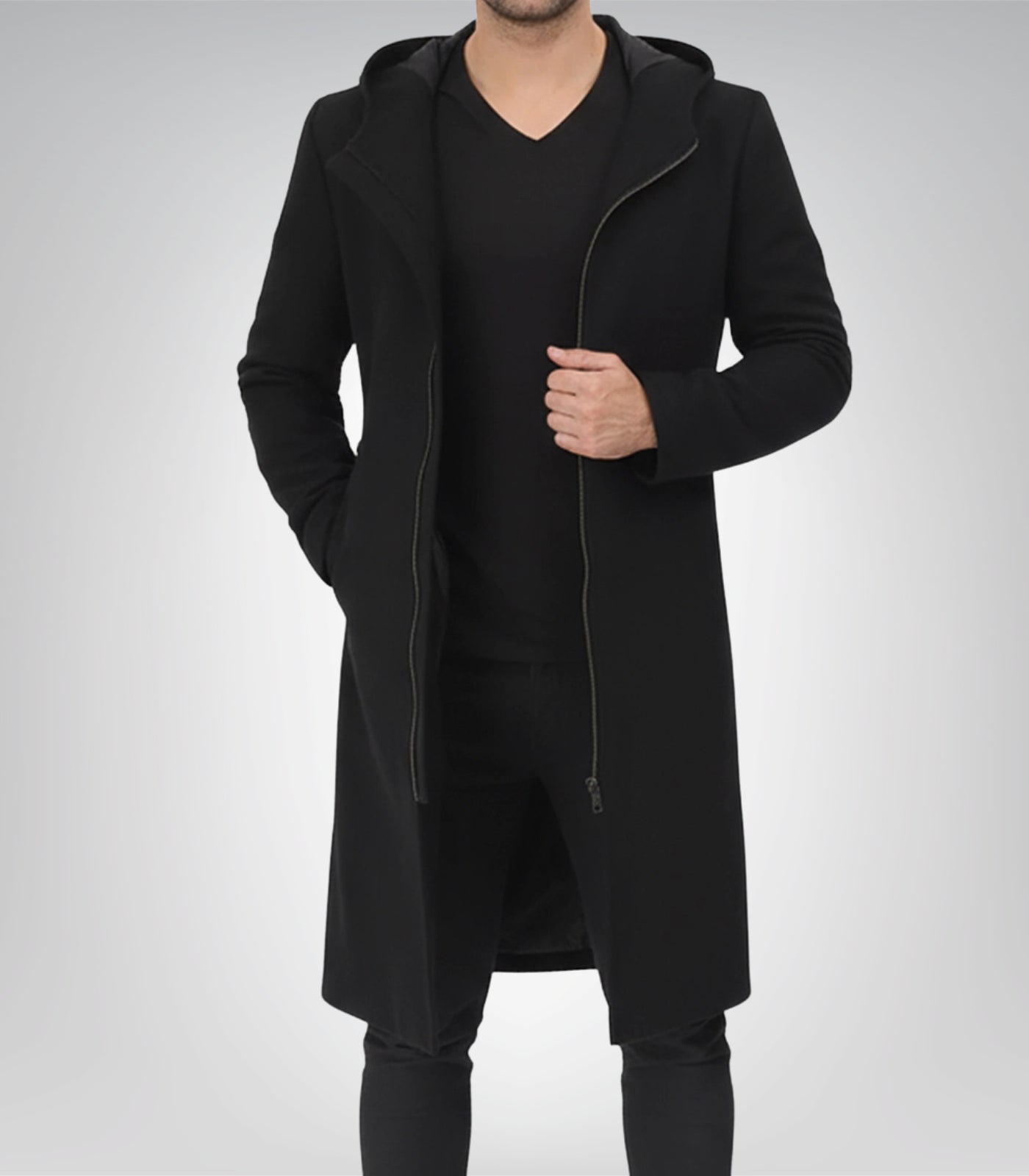 Men’s Black Hooded Wool Coat Zip-Up Winter Overcoat