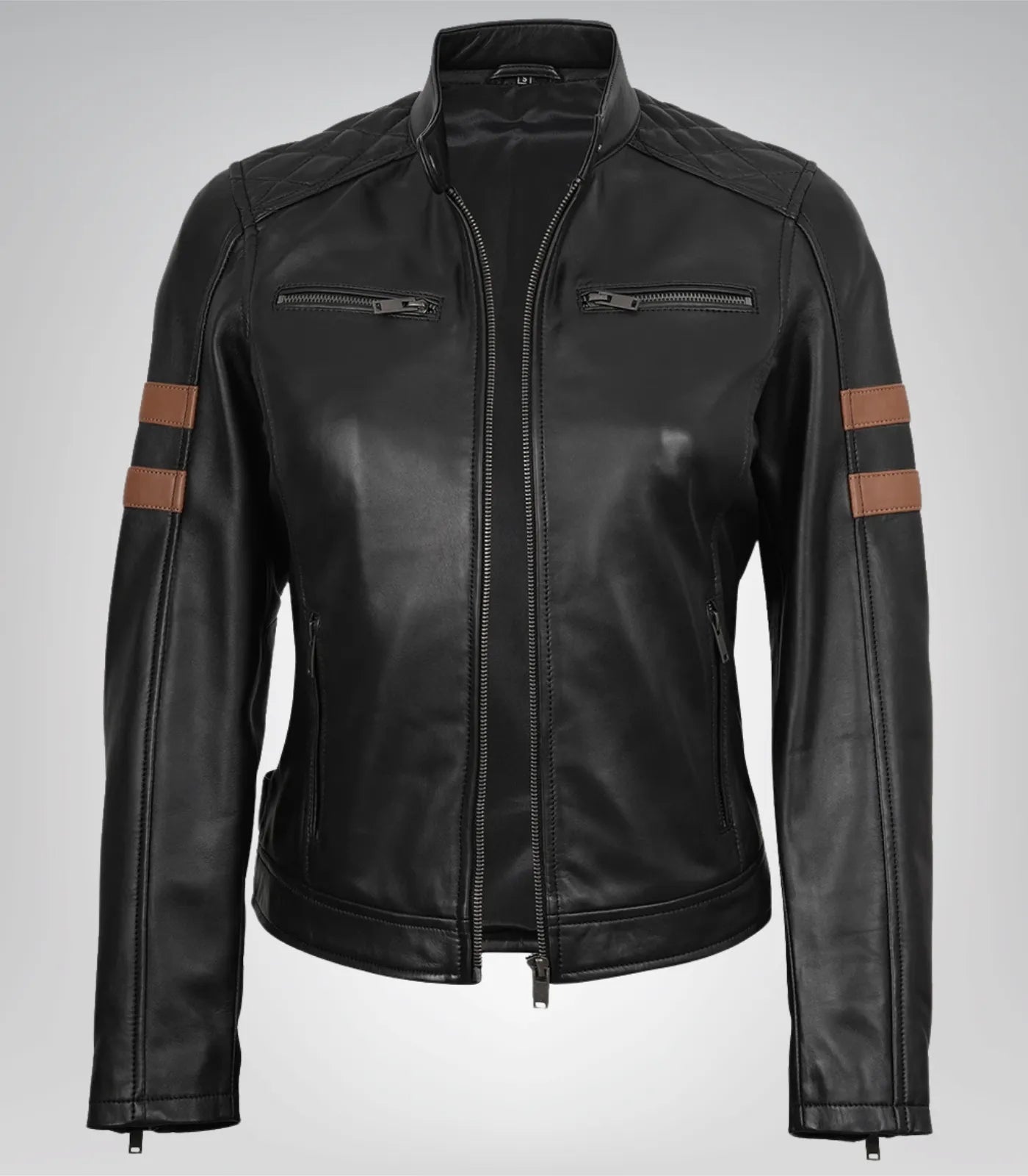 Women’s black leather biker jacket – amber racing stripe design