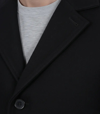 Men’s Single-Breasted Black Wool Coat Modern Fit Long Overcoat