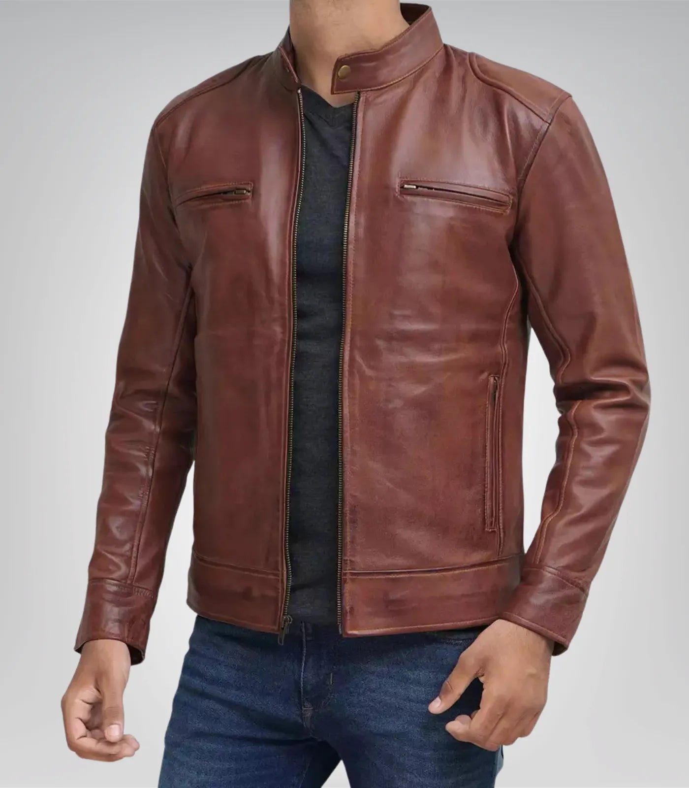 Cognac brown leather biker jacket for tall men – genuine leather outerwear