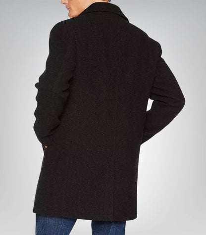 Men’s Single-Breasted Black Wool Car Coat 3/4 Length Winter Overcoat
