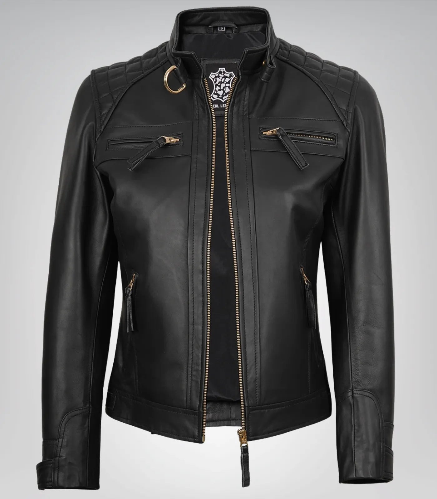 Stylish women’s black leather biker jacket – gold hardware accents, lambskin material