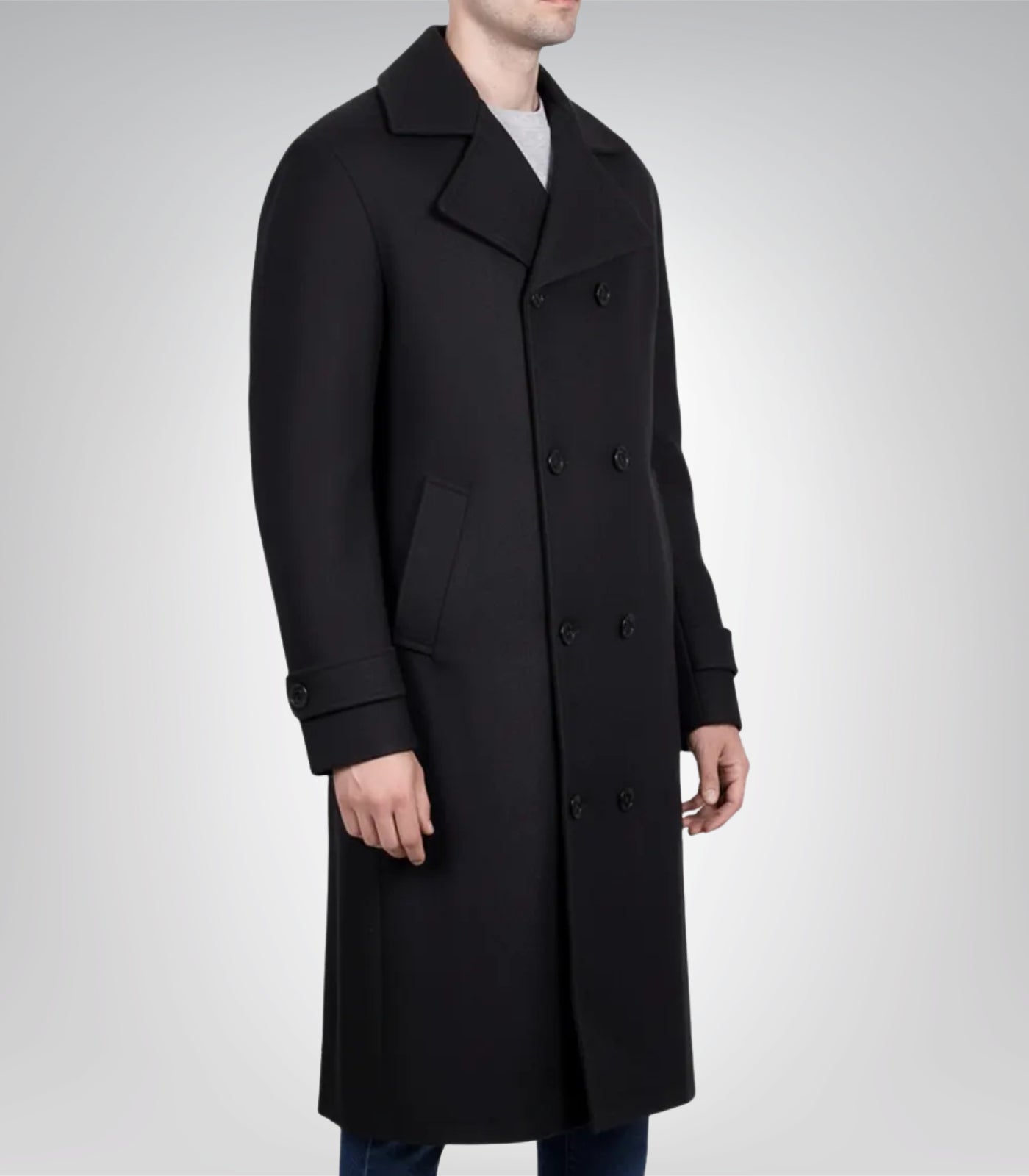 Kenney Men’s Double-Breasted Black Wool Coat Premium Modern Fit Overcoat