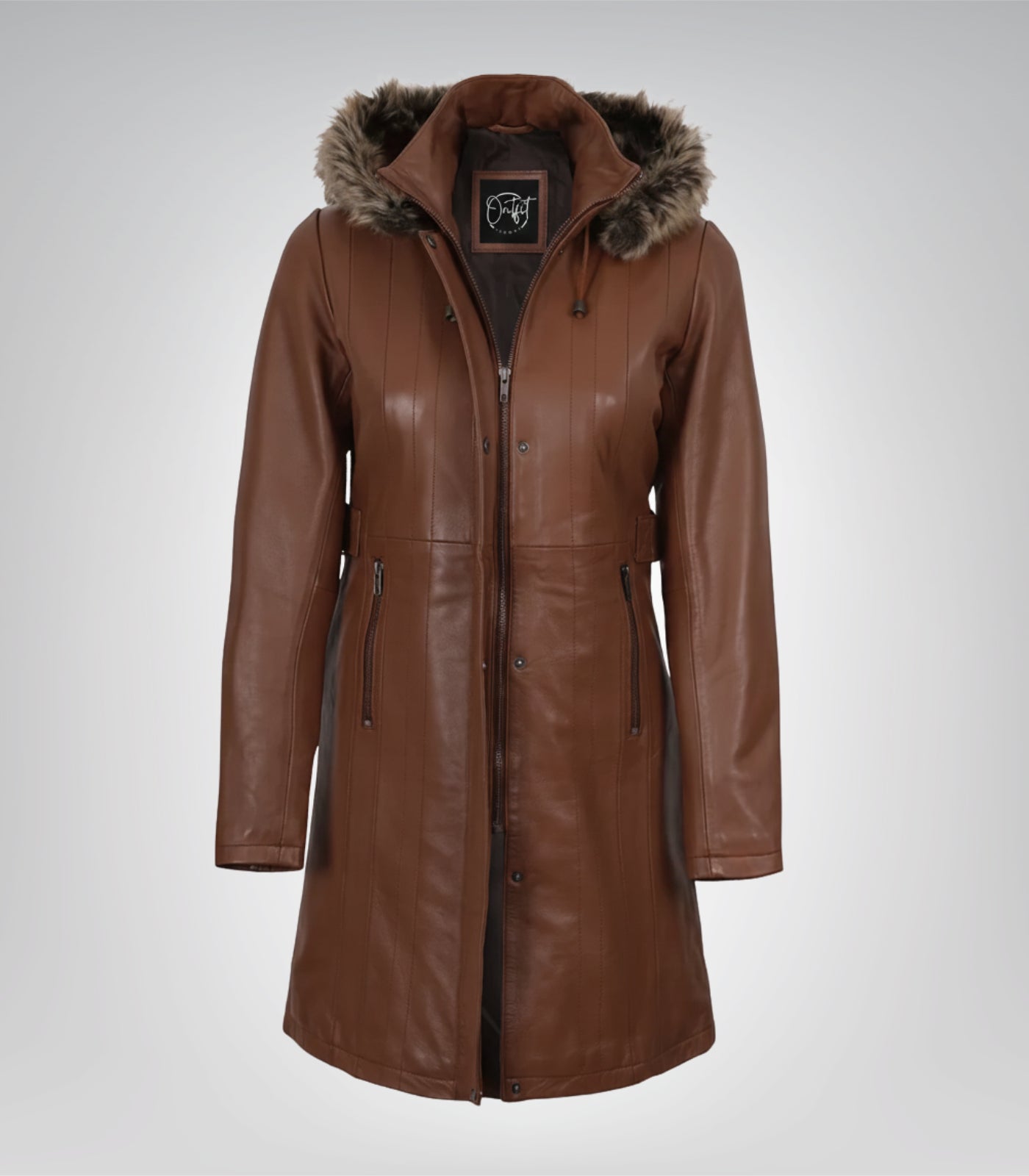 Women’s Brown Leather Coat with Removable Hood and Faux Fur Trim