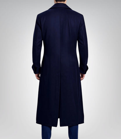Men’s Dark Blue Double-Breasted Wool Coat Classic Formal &amp; Casual Overcoat